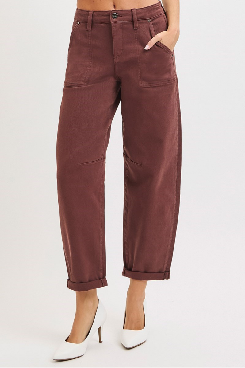 RISEN High Rise Ankle Cuff Barrel Jeans | Choco Brown