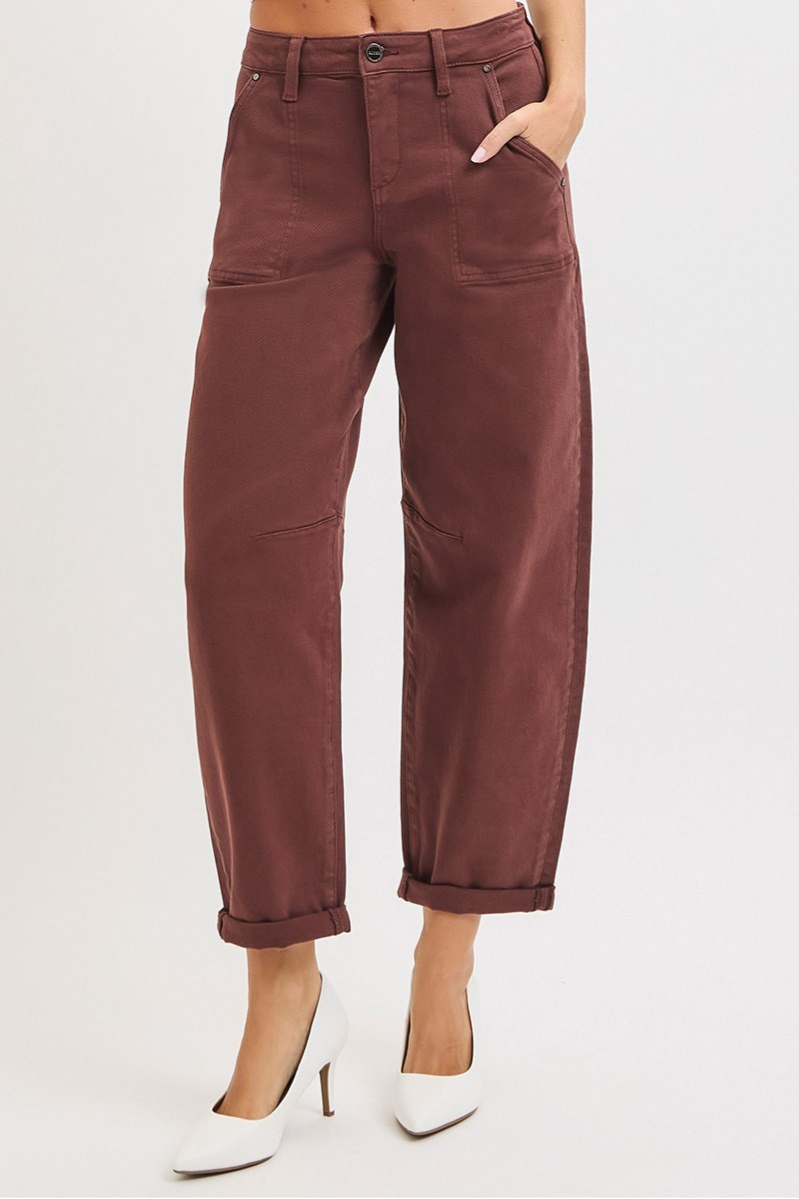 RISEN High Rise Ankle Cuff Barrel Jeans | Choco Brown