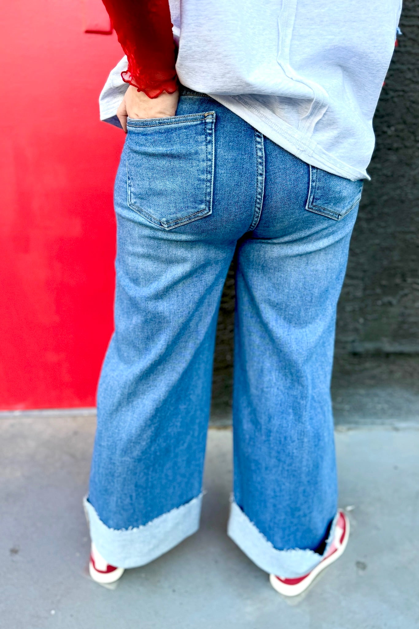 RISEN Tummy Control High Rise Crop Wide Cuffed Jeans