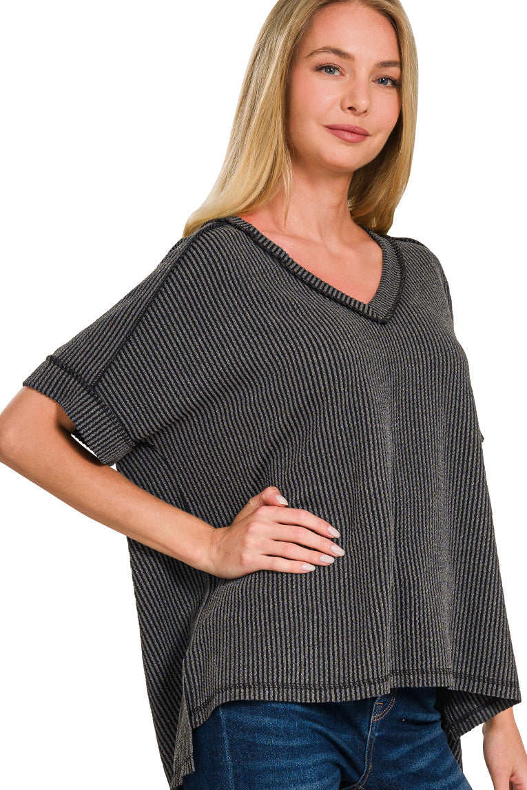 Corded Rib V-Neck Top | Charcoal