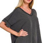 Corded Rib V-Neck Top | Charcoal