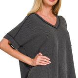 Corded Rib V-Neck Top | Charcoal