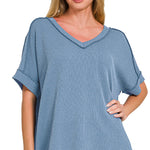 Corded Rib V-Neck Top | Dusty Blue