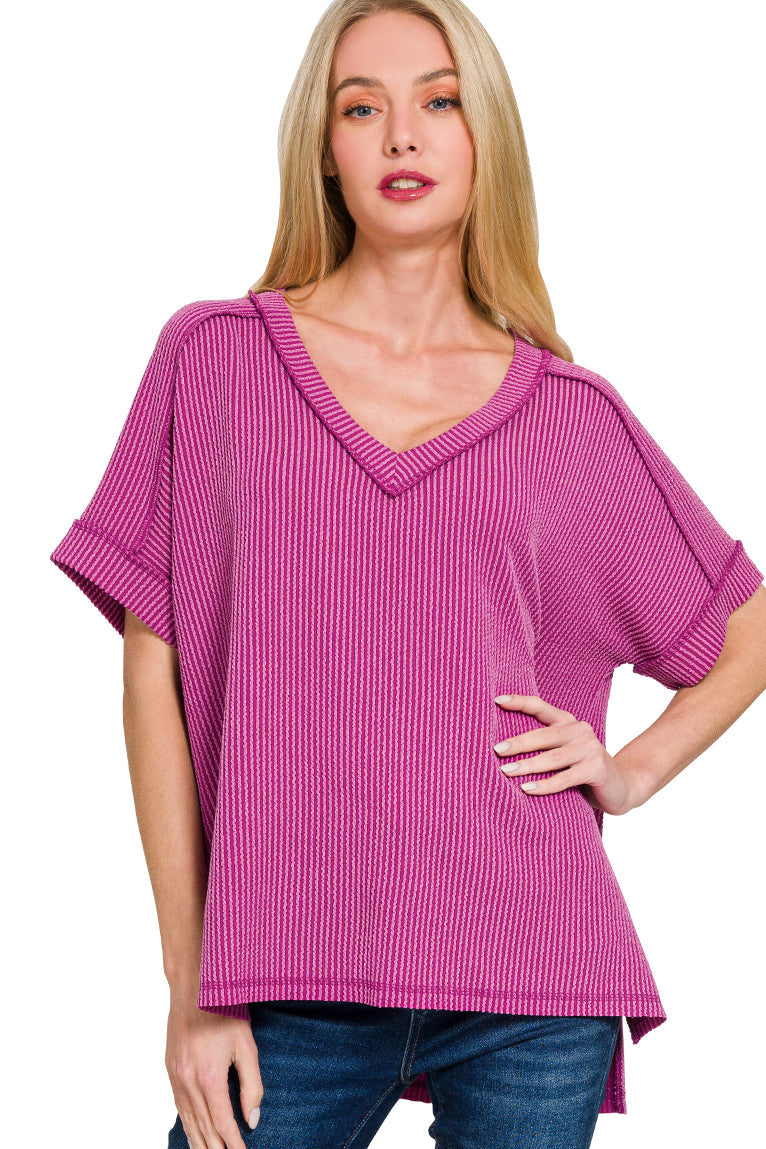 Corded Rib V-Neck Top | Light Plum