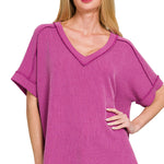 Corded Rib V-Neck Top | Light Plum