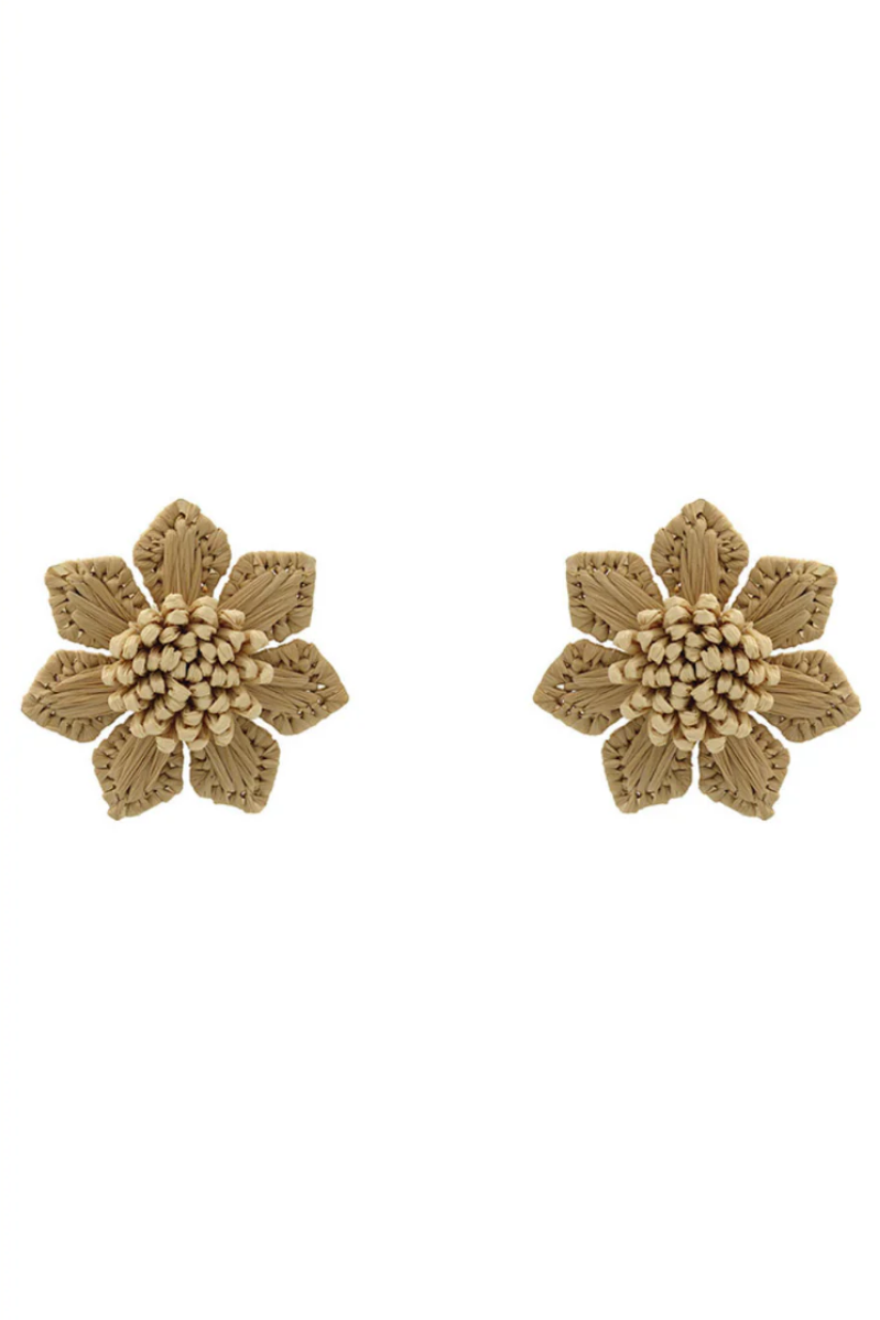 Raffia Flower Stud Earrings | Brown
