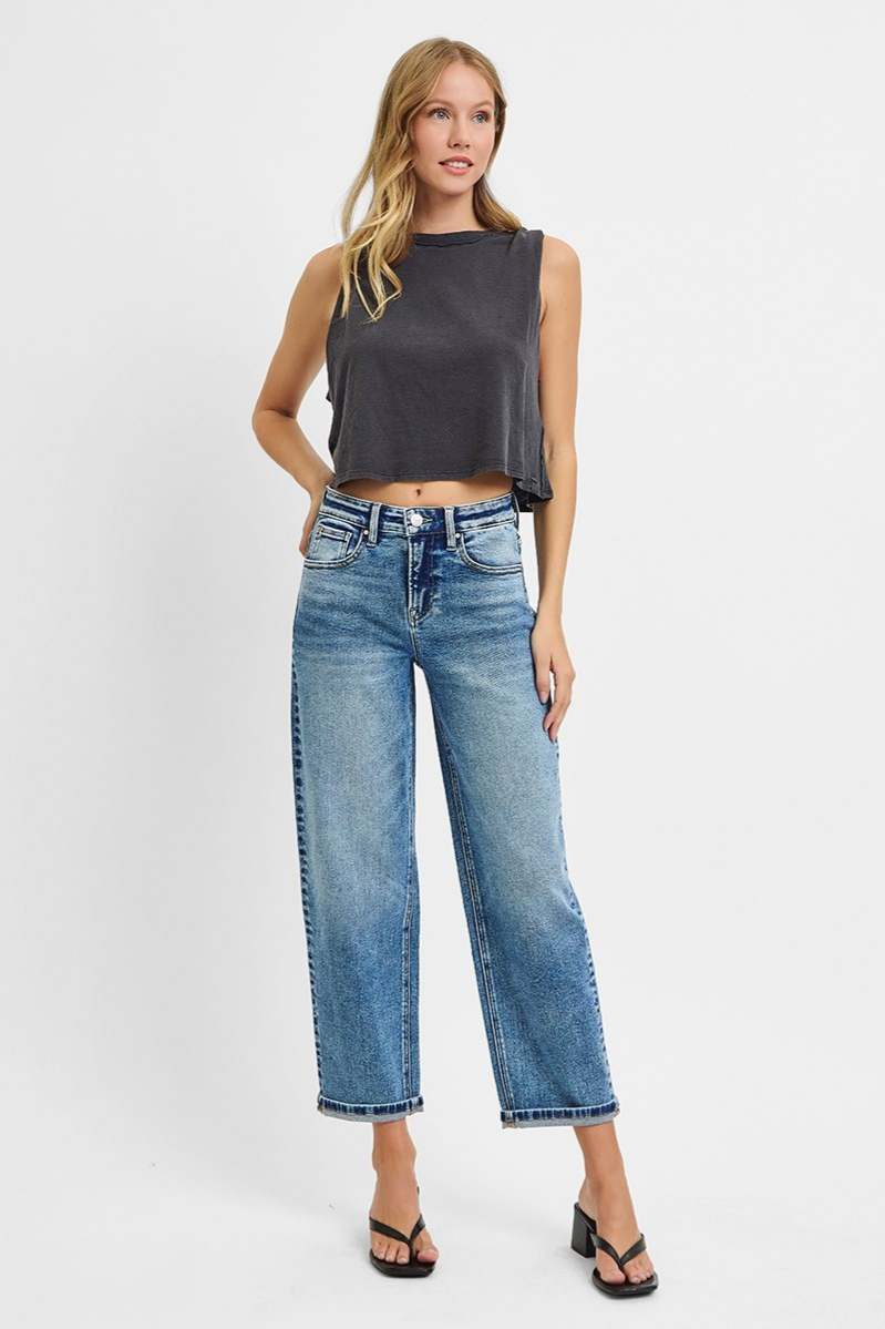RISEN High Rise Crop Boyfriend Jeans | Medium Wash