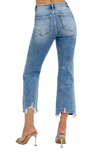 RISEN High Rise Crop Straight Distresses Hem Denim | Medium Wash