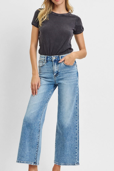 RISEN High Rise Cropped Wide Leg Denim | Light Wash