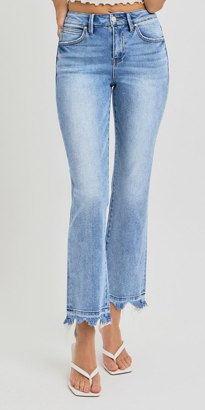 RISEN High Rise Crop Straight Slim Jeans | Medium Wash