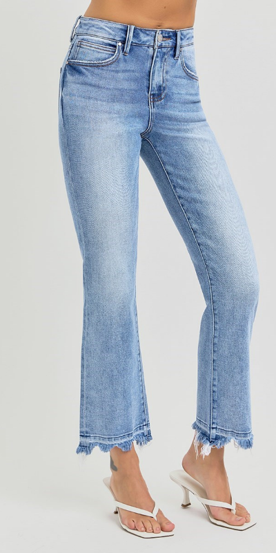 RISEN High Rise Crop Straight Slim Jeans | Medium Wash