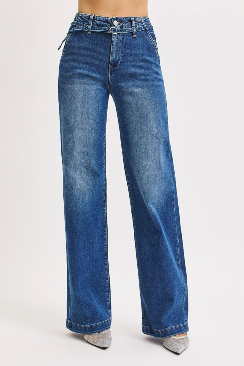 RISEN High Rise Wide Leg Belted Jeans
