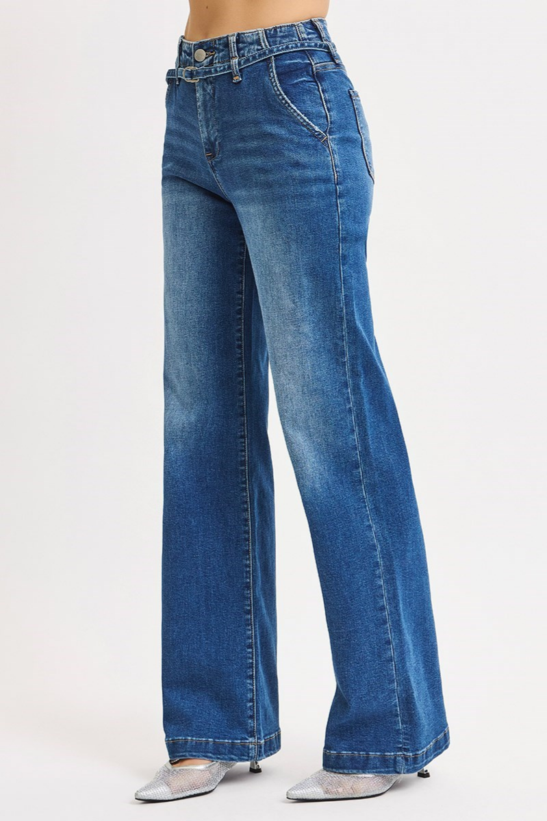 RISEN High Rise Wide Leg Belted Jeans
