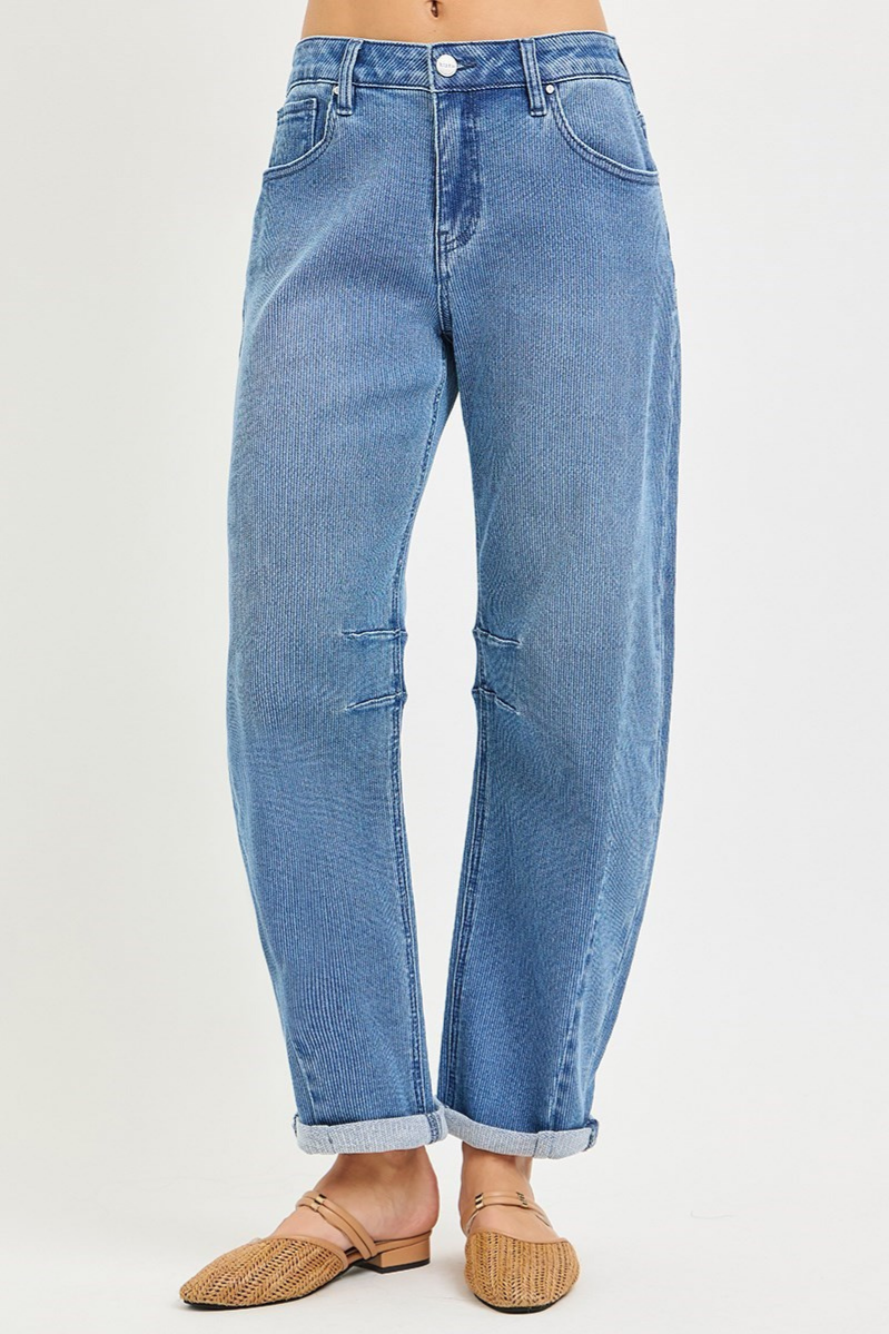 RISEN Cropped Textured Barrel Jeans
