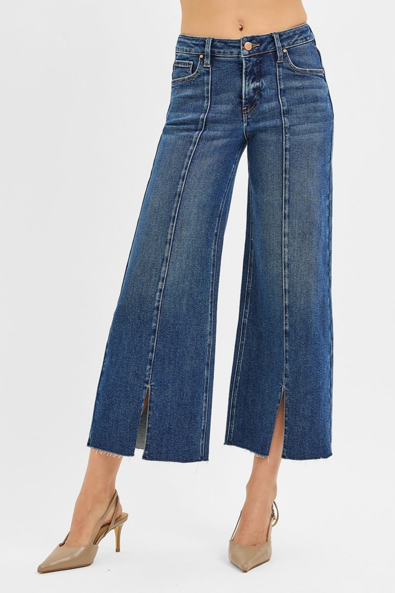 RISEN Tummy Control Crop Front Slit Jeans | Dark Wash