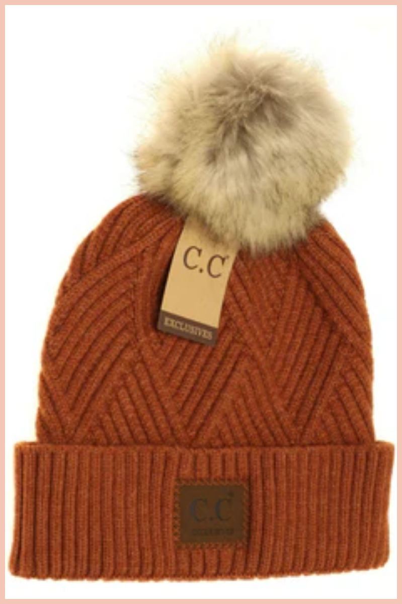 LARGE PATCH HEATHERED GEOMETRICAL BEANIE WITH FUR TOP