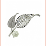 Leaf w/ Pearl + Rhinestone Brooch | Silver