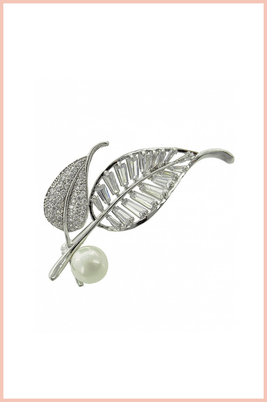 Leaf w/ Pearl + Rhinestone Brooch | Silver