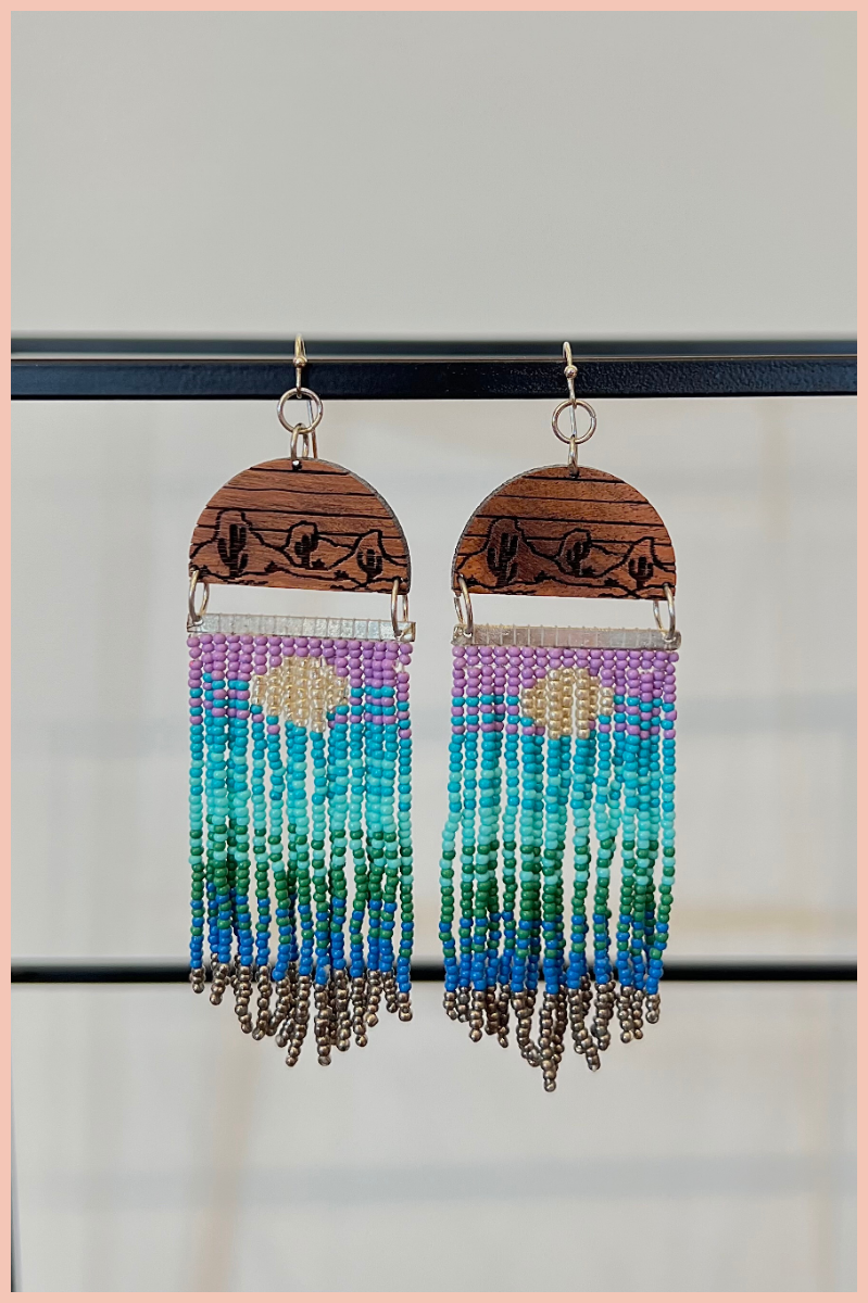 SEEDBEAD + WOOD DESERT SCENE DANGLE EARRINGS