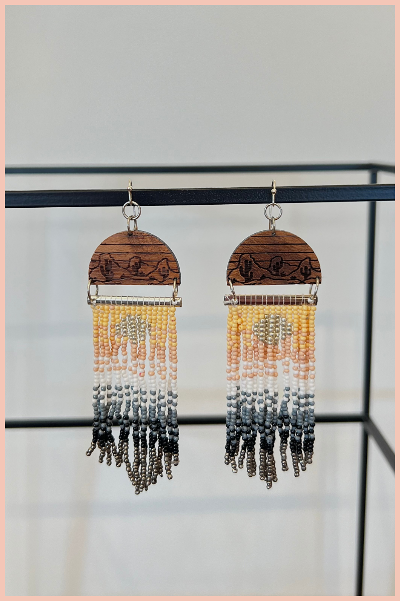 SEEDBEAD + WOOD DESERT SCENE DANGLE EARRINGS