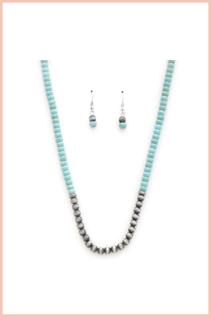 TURQUOISE +SILVER TIGER EYE EARRINGS AND NECKLACE SET