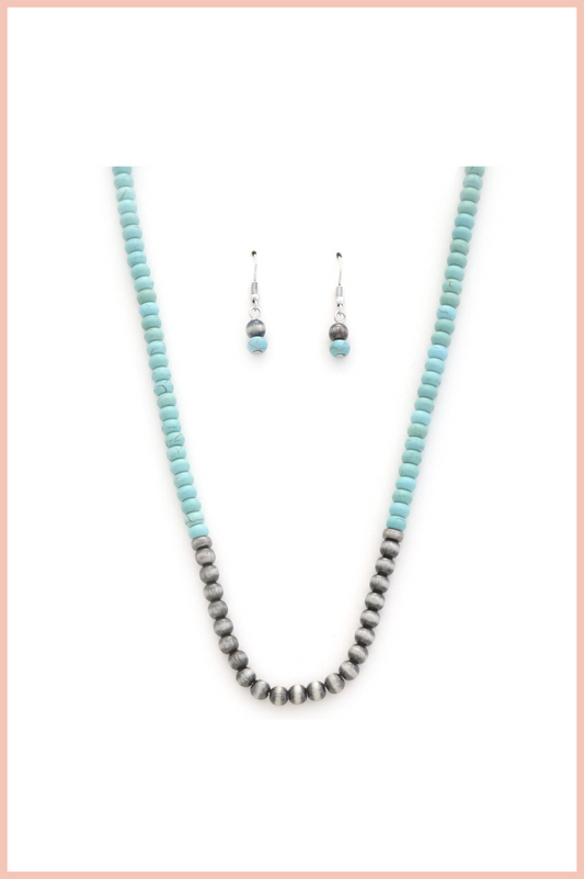 TURQUOISE +SILVER TIGER EYE EARRINGS AND NECKLACE SET