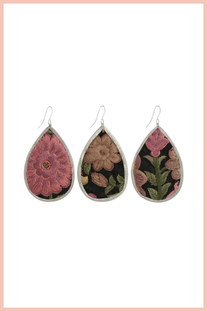 PINK FLORAL TEARDROP EMBROIDERED EARRINGS