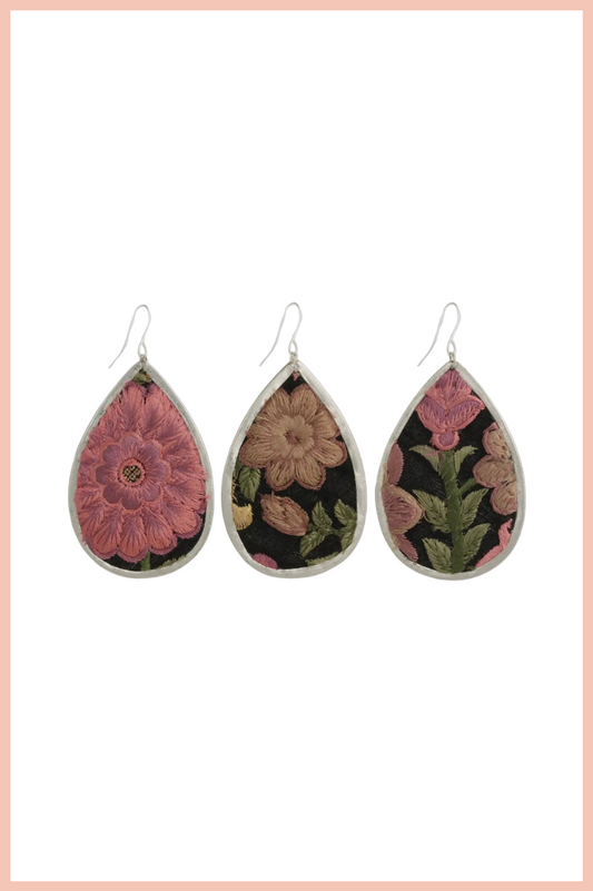 PINK FLORAL TEARDROP EMBROIDERED EARRINGS | SILVER
