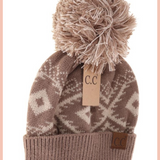 PRINTED BEANIE W/ YARN POM POM | TAUPE