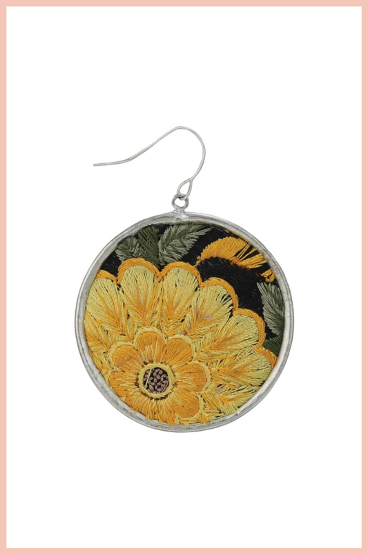 EMBROIDERED YELLOW FLOWER EARRINGS | SILVER