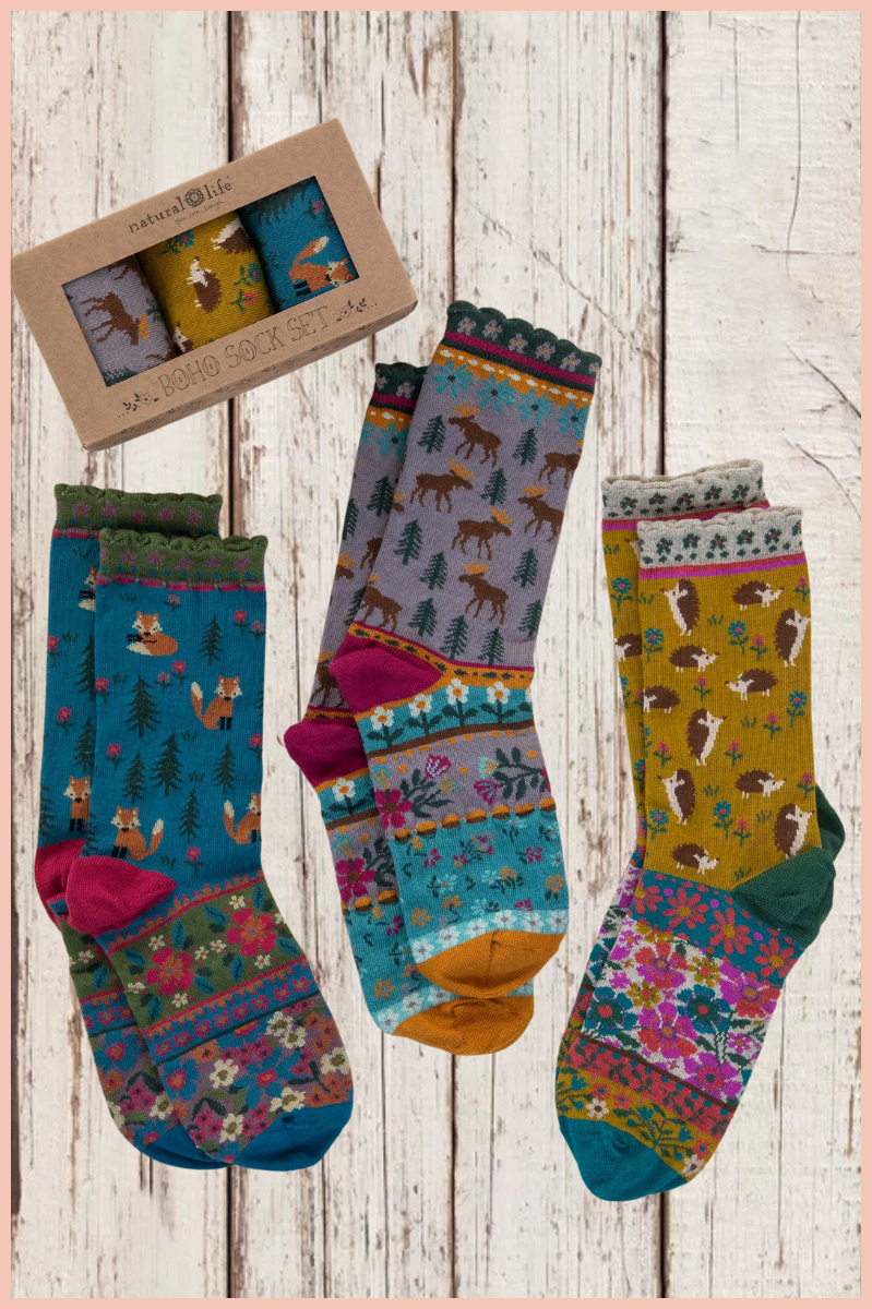 Boxed Boho Sock Set, Set of 3 | NATURAL LIFE | Critters