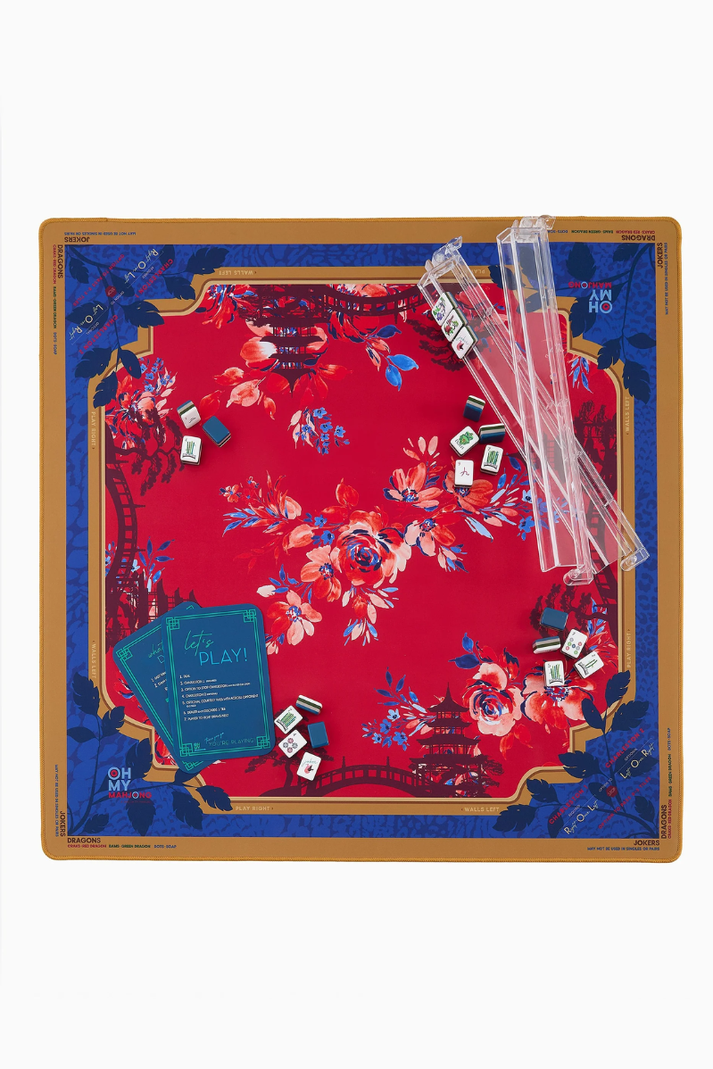 Floral-patterned board game with cards and dice on a red background | Scarlett Mat in Tube | Oh My Mahjong