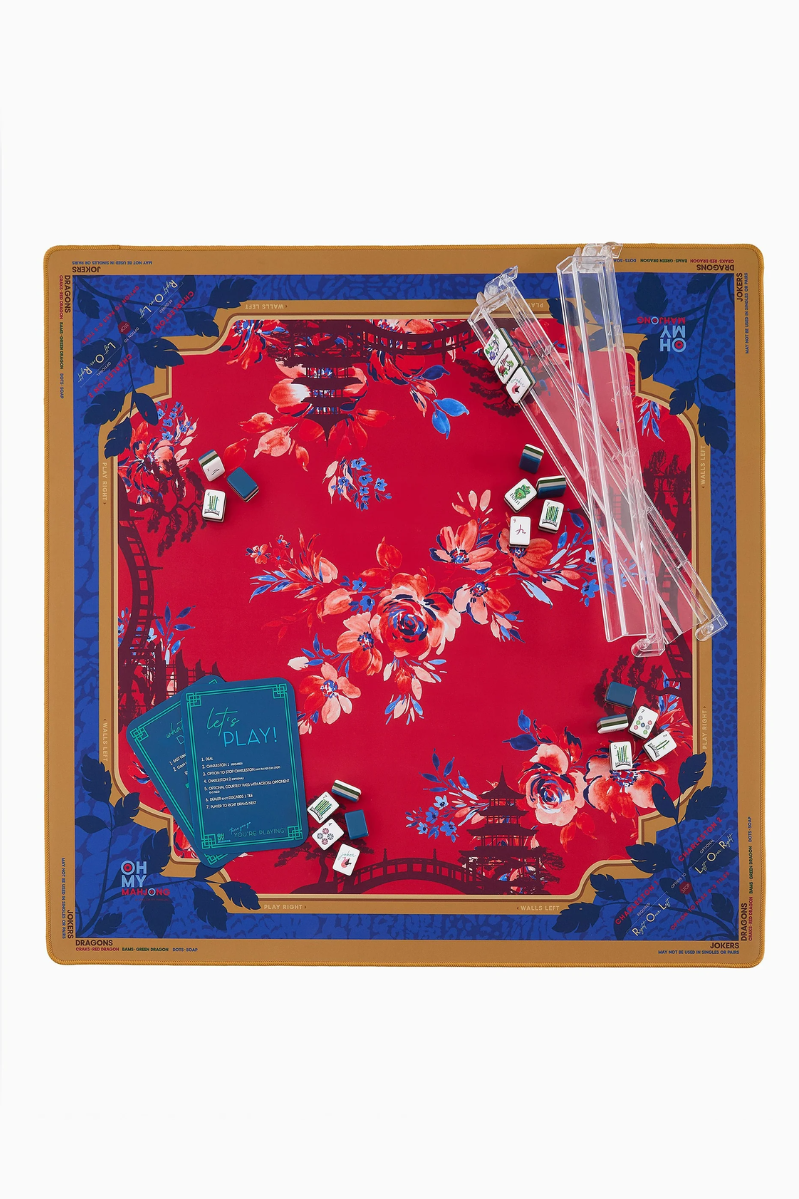 Floral-patterned board game with cards and dice on a red background | Scarlett Mat in Tube | Oh My Mahjong