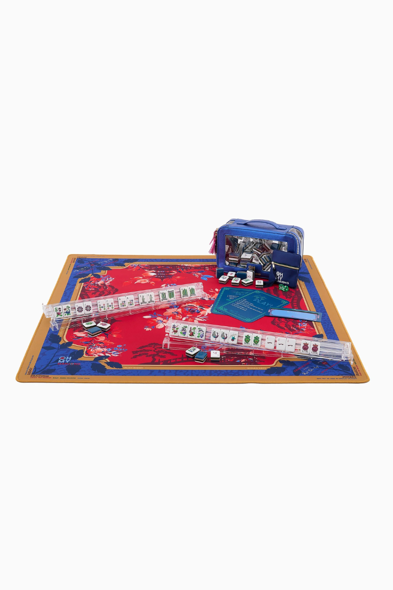 Board game set with colorful mat, dice, and pieces on a white background | Scarlett Mat in Tube | Oh My Mahjong