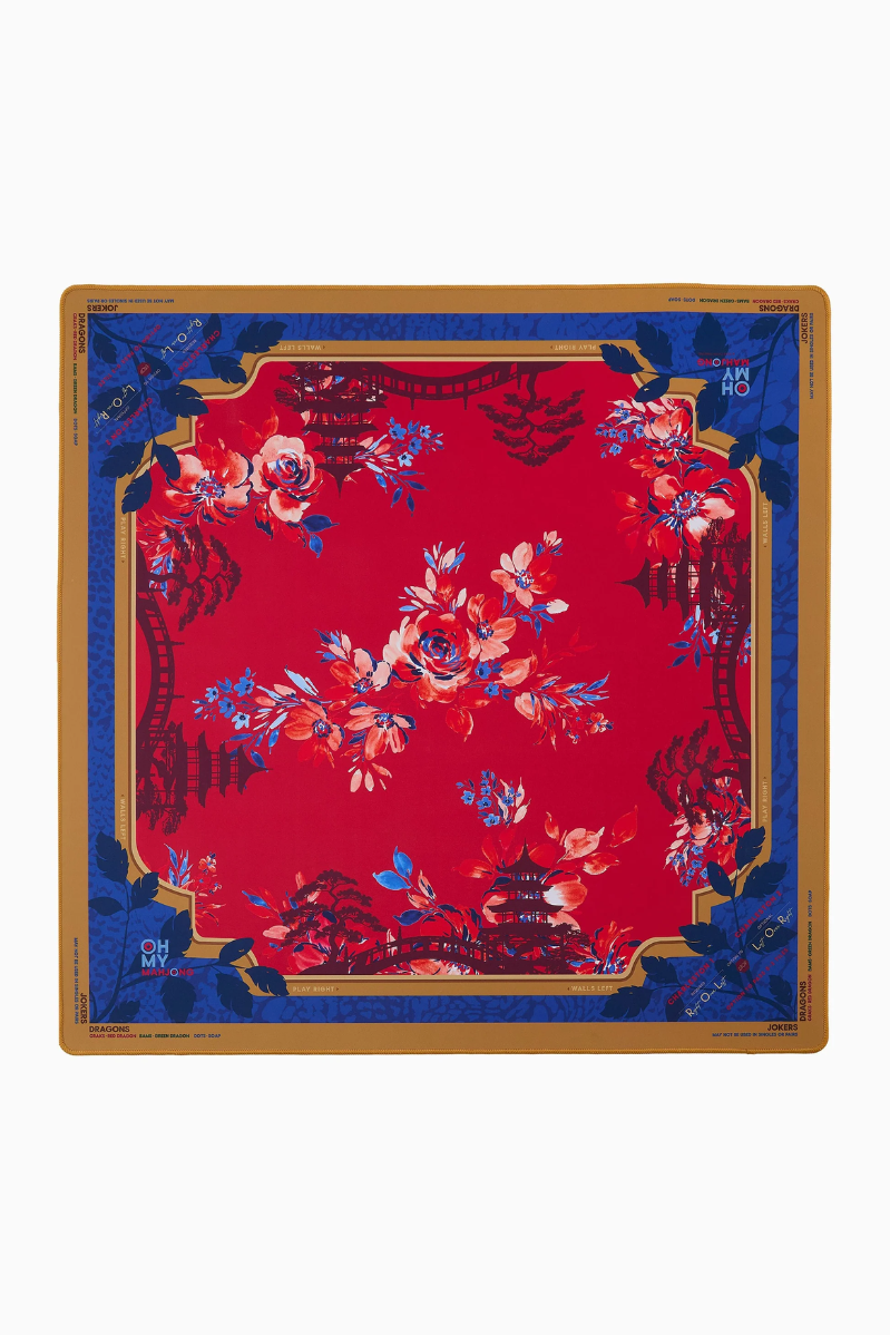Decorative tray with floral and architectural design on a red background | Scarlett Mat in Tube | Oh My Mahjong