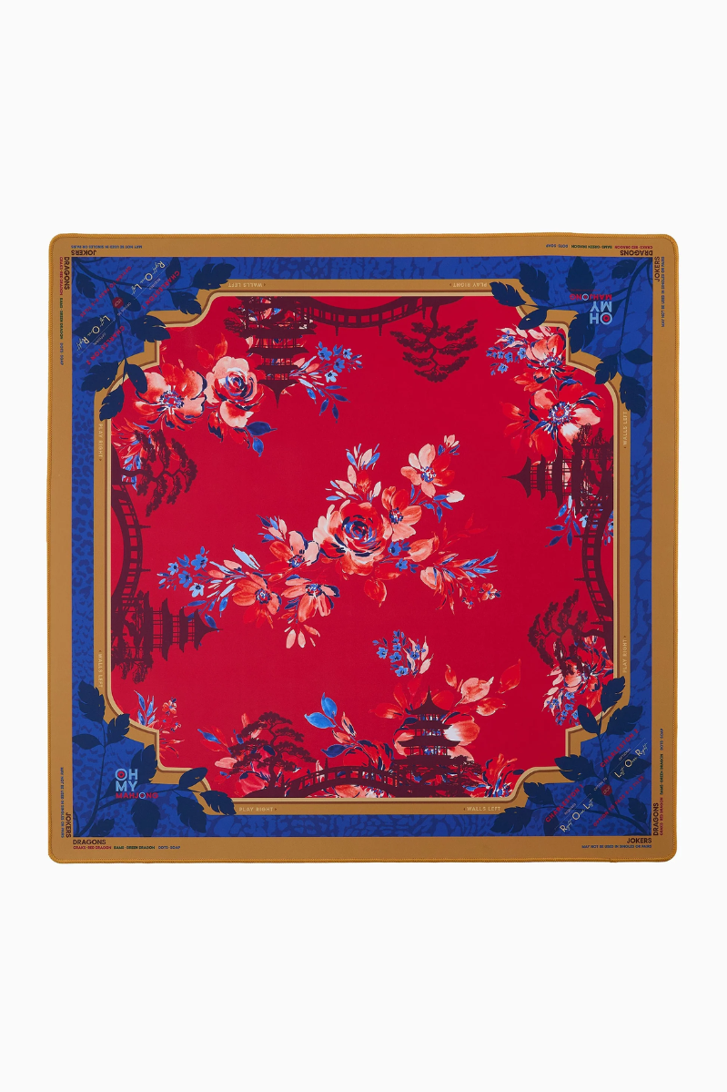 Decorative tray with floral and architectural design on a red background | Scarlett Mat in Tube | Oh My Mahjong
