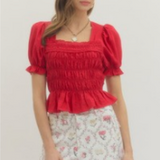 Smocked Puff Sleeve Peplum Top