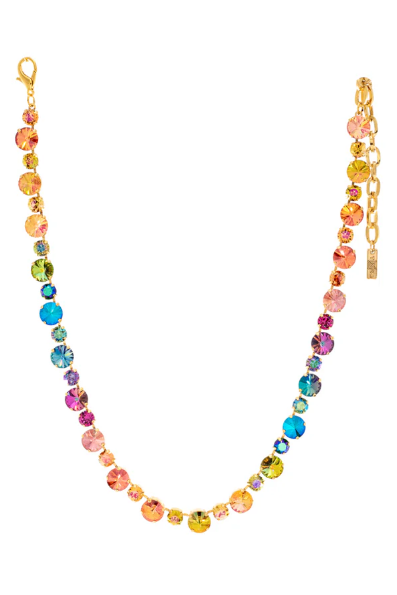 Colorful beaded necklace with gold clasp on a white background. "Jean Necklace" by TOVA