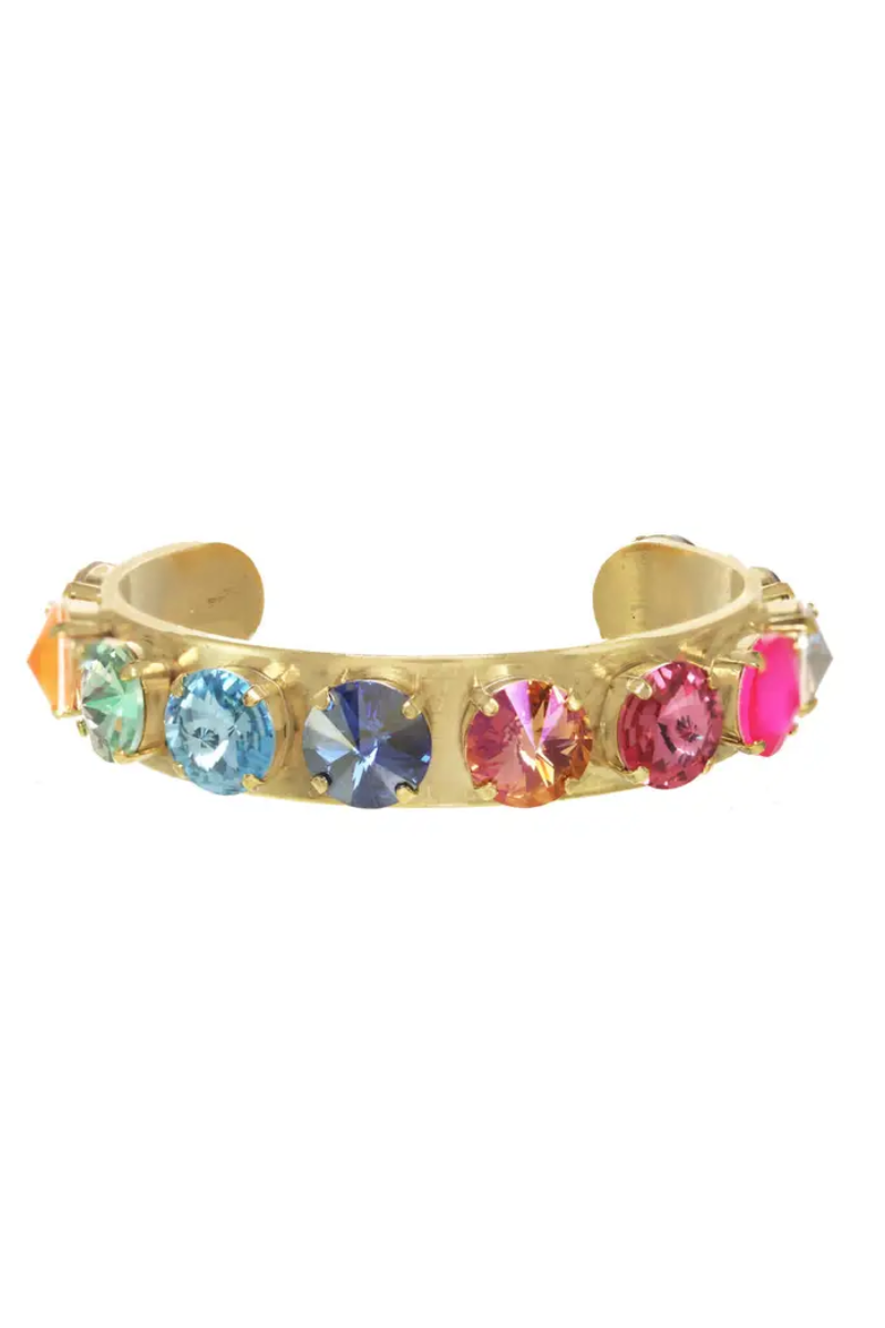 Gold bracelet with colorful gemstones on a white background