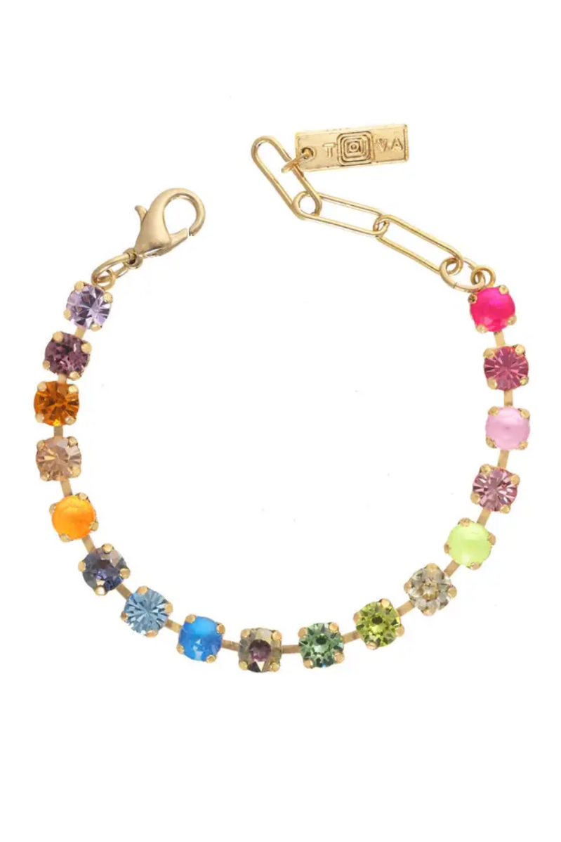 Multicolored gemstone bracelet with gold clasp on a white background