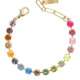 Multicolored gemstone bracelet with gold clasp on a white background