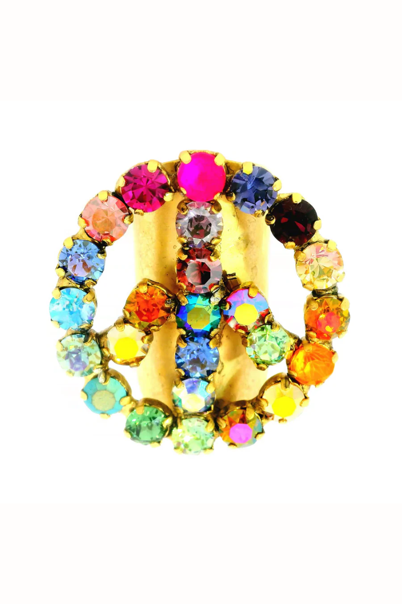 Multicolored jeweled peace sign on a white background