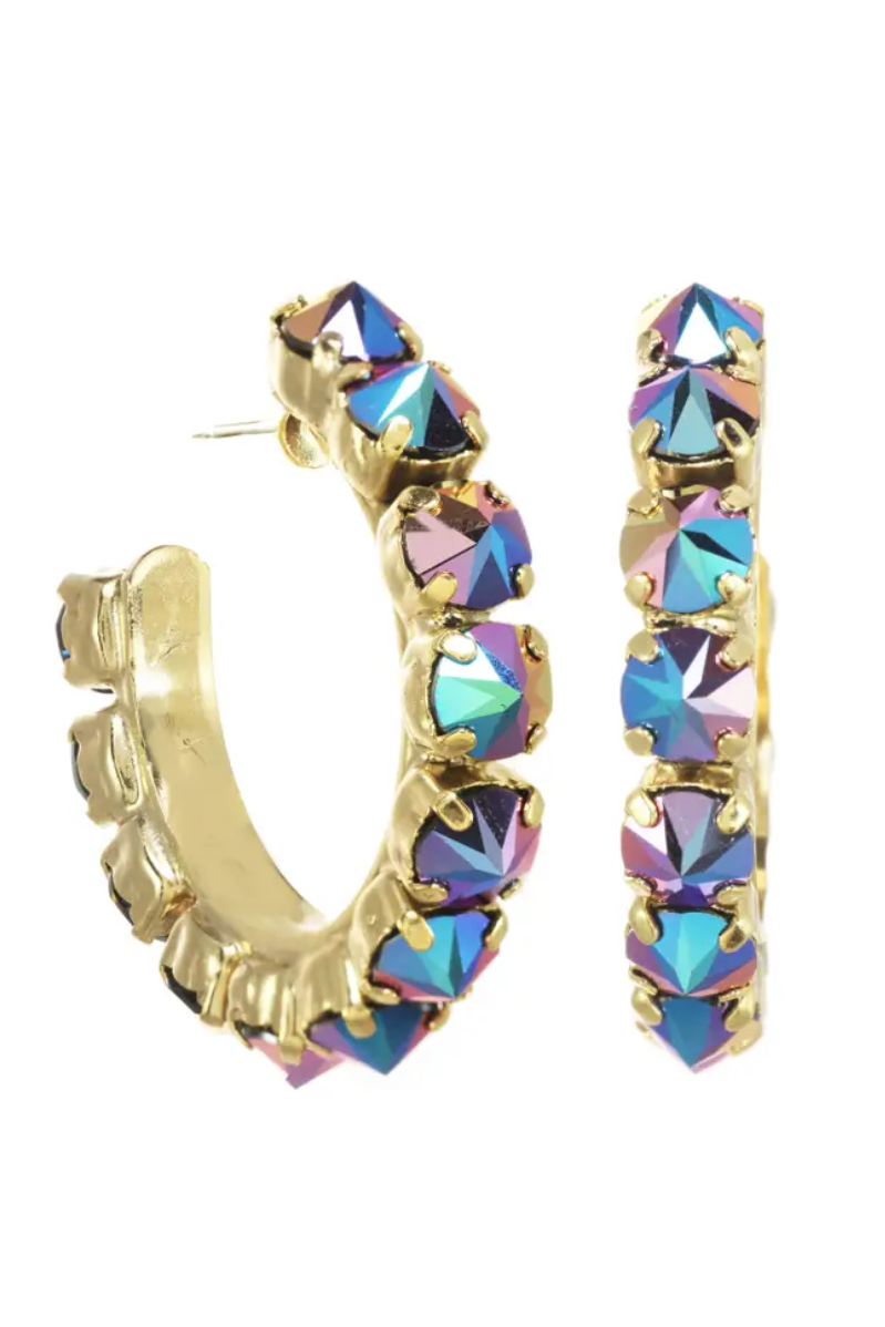 Gold hoop earrings with multicolored gemstones on a white background. Jubilee Hoop Earrings in Volcano Crystal | TOVA