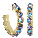 Gold hoop earrings with multicolored gemstones on a white background. Jubilee Hoop Earrings in Volcano Crystal | TOVA