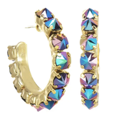 Gold hoop earrings with multicolored gemstones on a white background. Jubilee Hoop Earrings in Volcano Crystal | TOVA