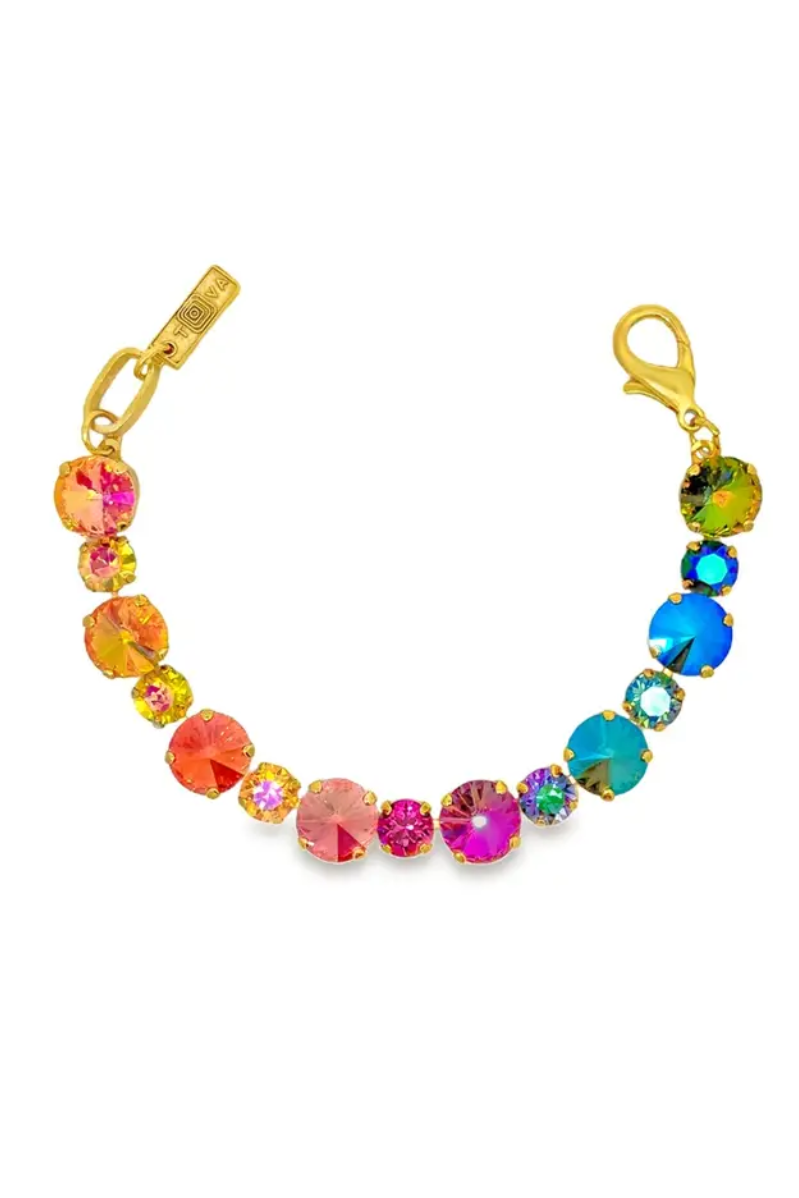Multicolored beaded bracelet with gold clasp on a white background
