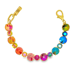 Multicolored beaded bracelet with gold clasp on a white background