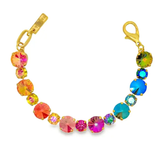 Multicolored beaded bracelet with gold clasp on a white background