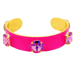 Pink bracelet with yellow accents and colorful gemstones on a white background