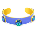 Blue and yellow bracelet with colorful gemstones on a white background